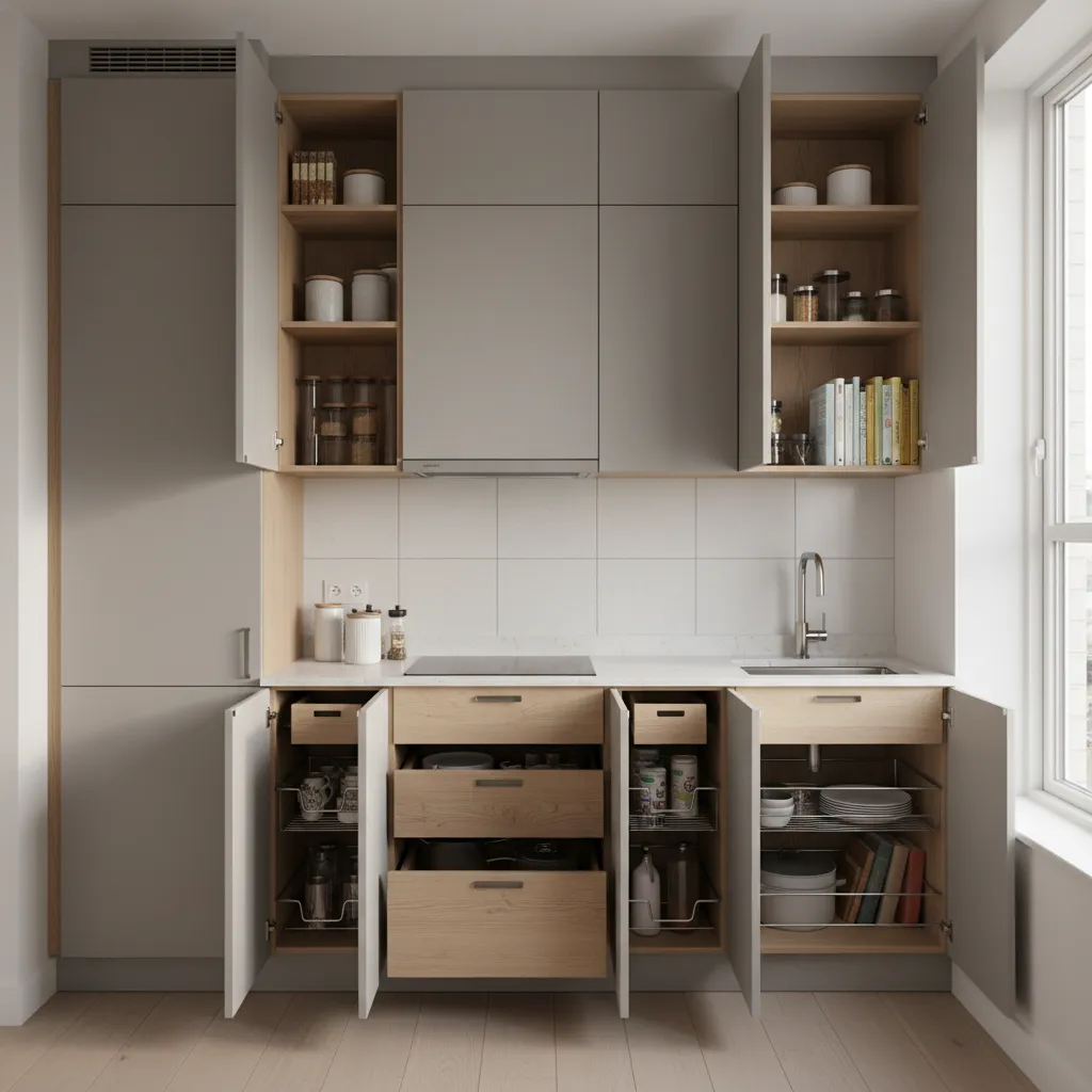 small kitchen with tall pantry cabinets and vertical storage