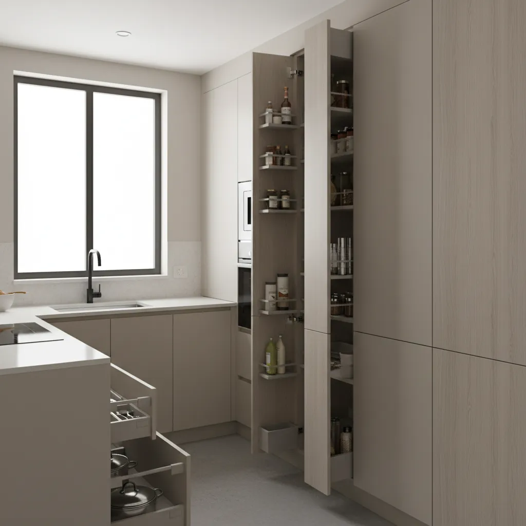 Tall pantry cabinets and vertical storage in compact kitchen