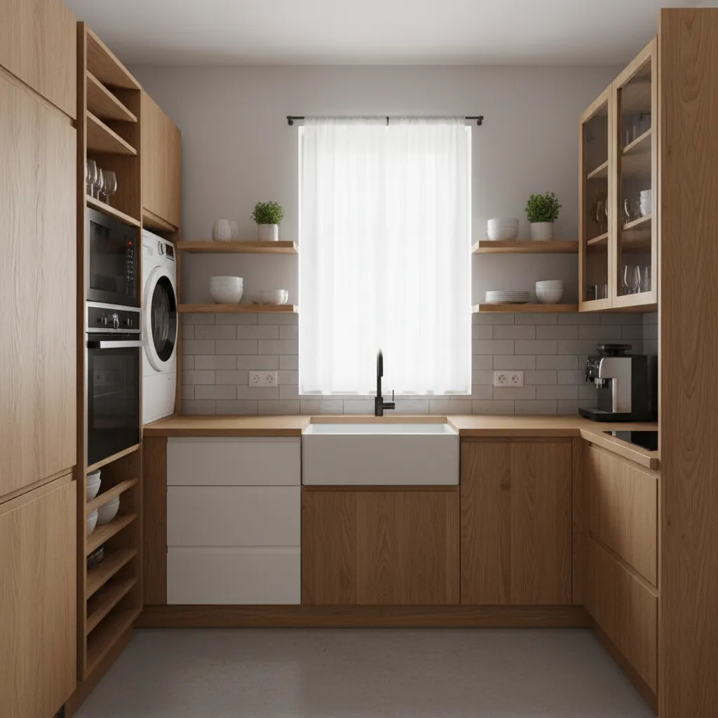Small kitchen using vertical shelves and cabinets to store appliances