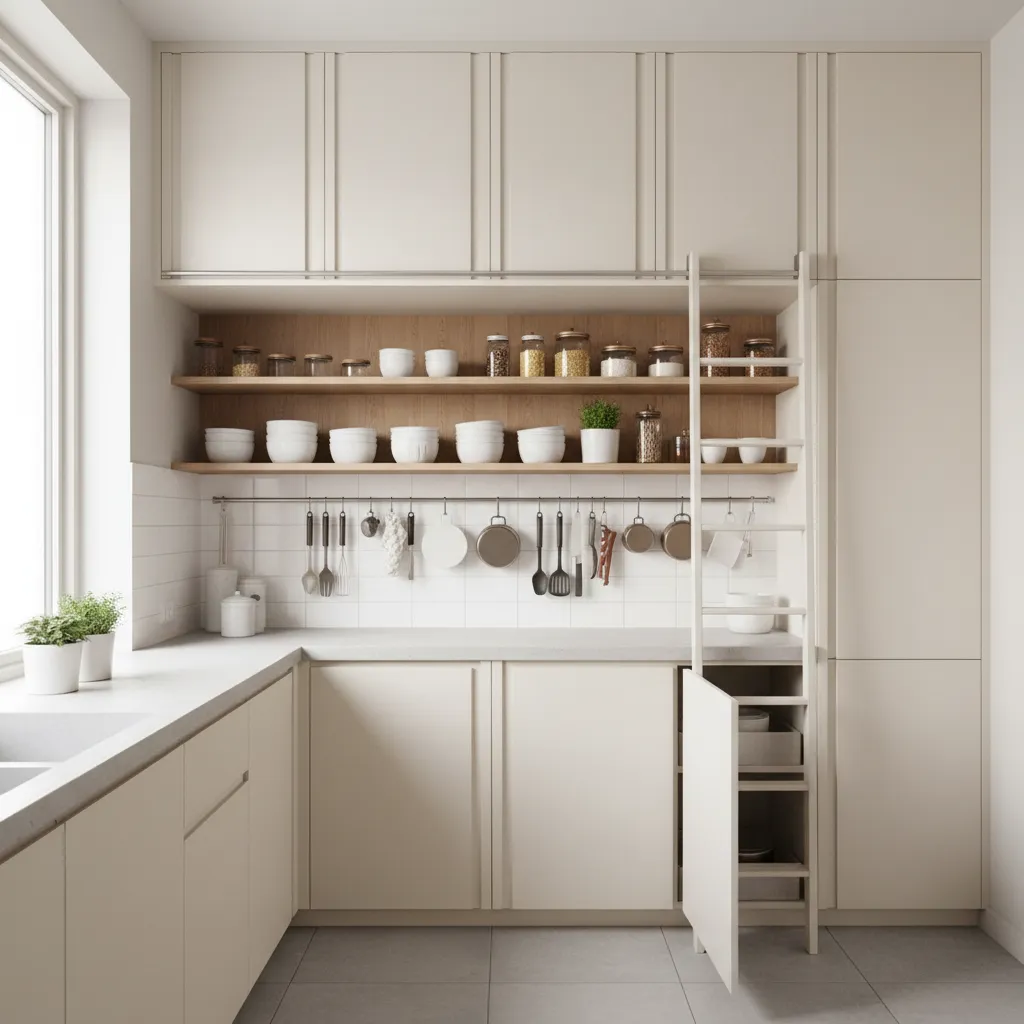 Small kitchen with ceiling height cabinets and vertical storage solutions