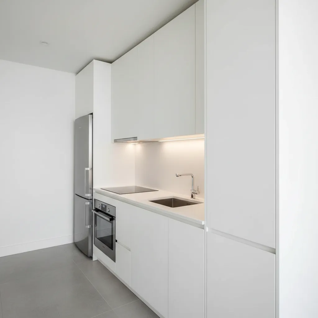 Small kitchen with ceiling height cabinets showing vertical storage solution