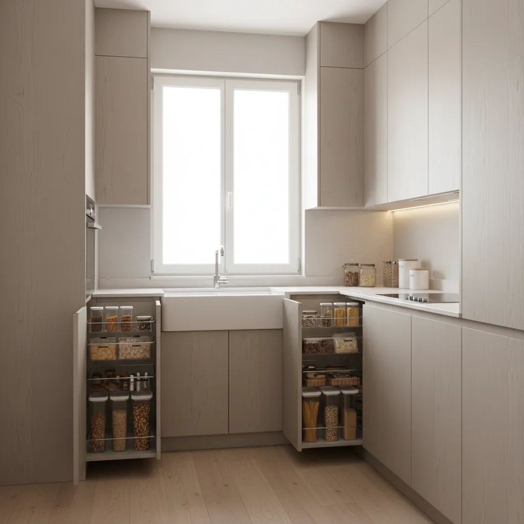 Small kitchen with tall cabinets and pull out storage drawers