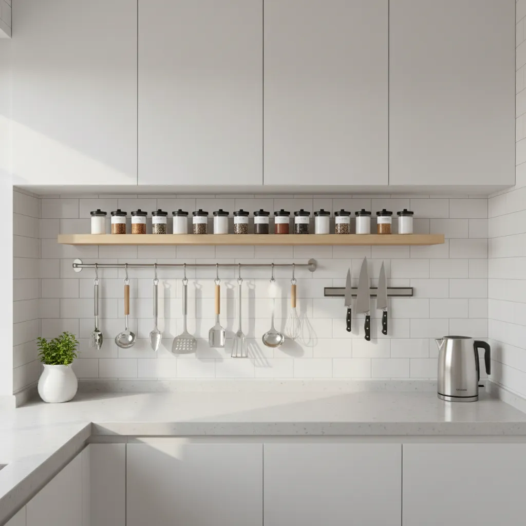small kitchen with wall mounted utensil rail and floating spice shelves
