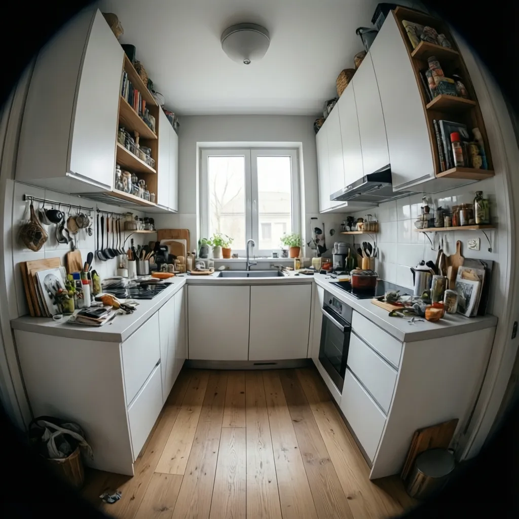 small kitchen with ceiling height cabinets and vertical storage solutions