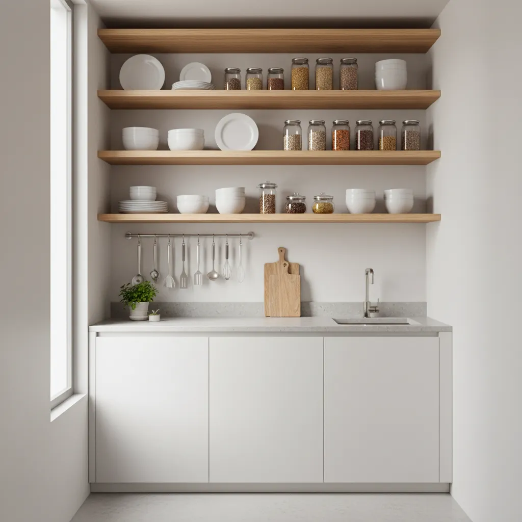 vertical storage shelves in small kitchen maximizing wall space