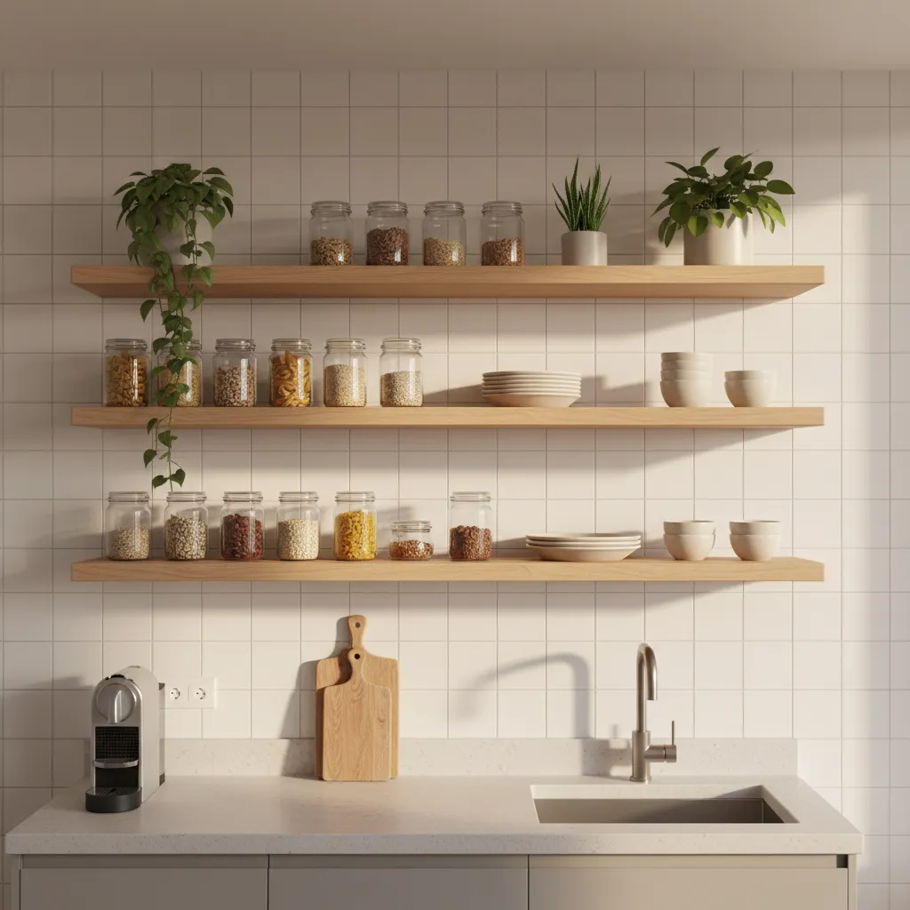 small kitchen using vertical wall storage with floating shelves