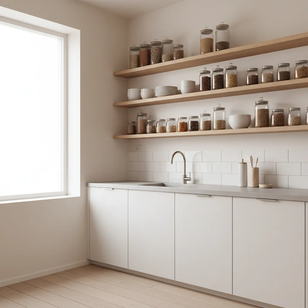 small kitchen with vertical floating shelves for extra storage