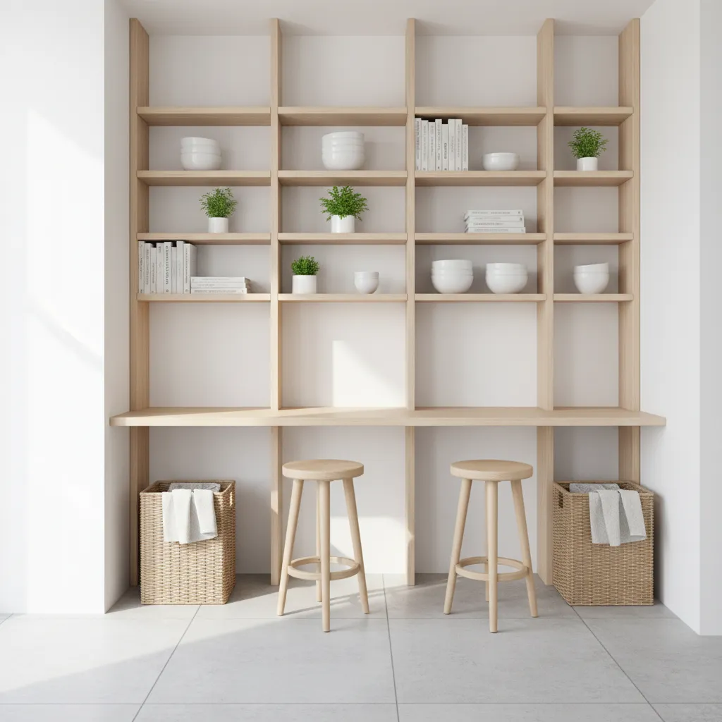 small kitchen with vertical shelves and stool storage underneath