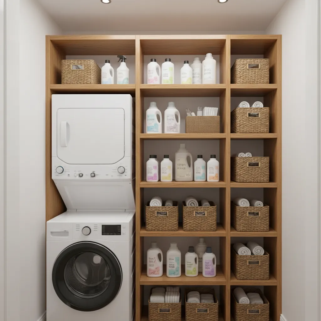Vertical storage shelves in a tiny laundry room