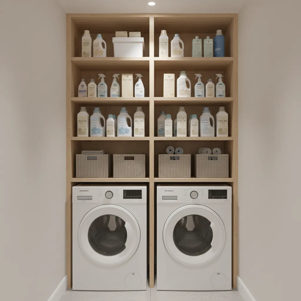 Two white washing machines under wooden shelves filled with cleaning supplies and small woven baskets