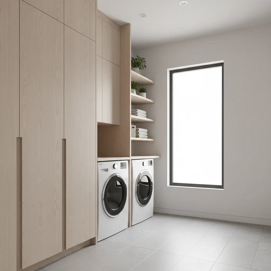 small laundry room with ceiling height cabinets and vertical storage