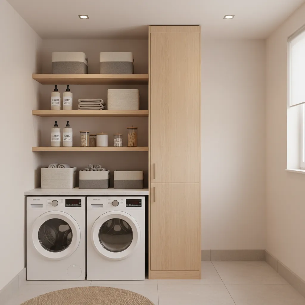 Small laundry room with tall storage cabinets next to stackable washer dryer