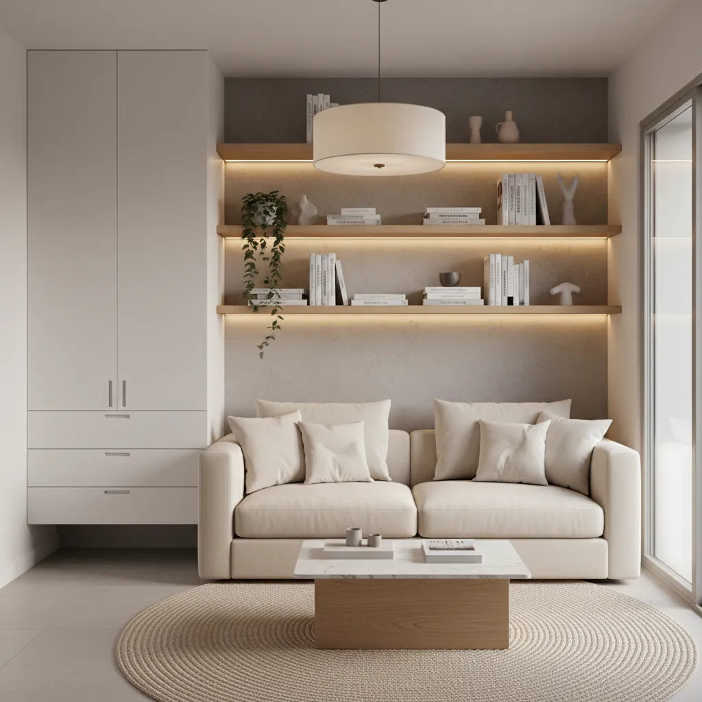 Small living room with floating shelves and wall mounted storage