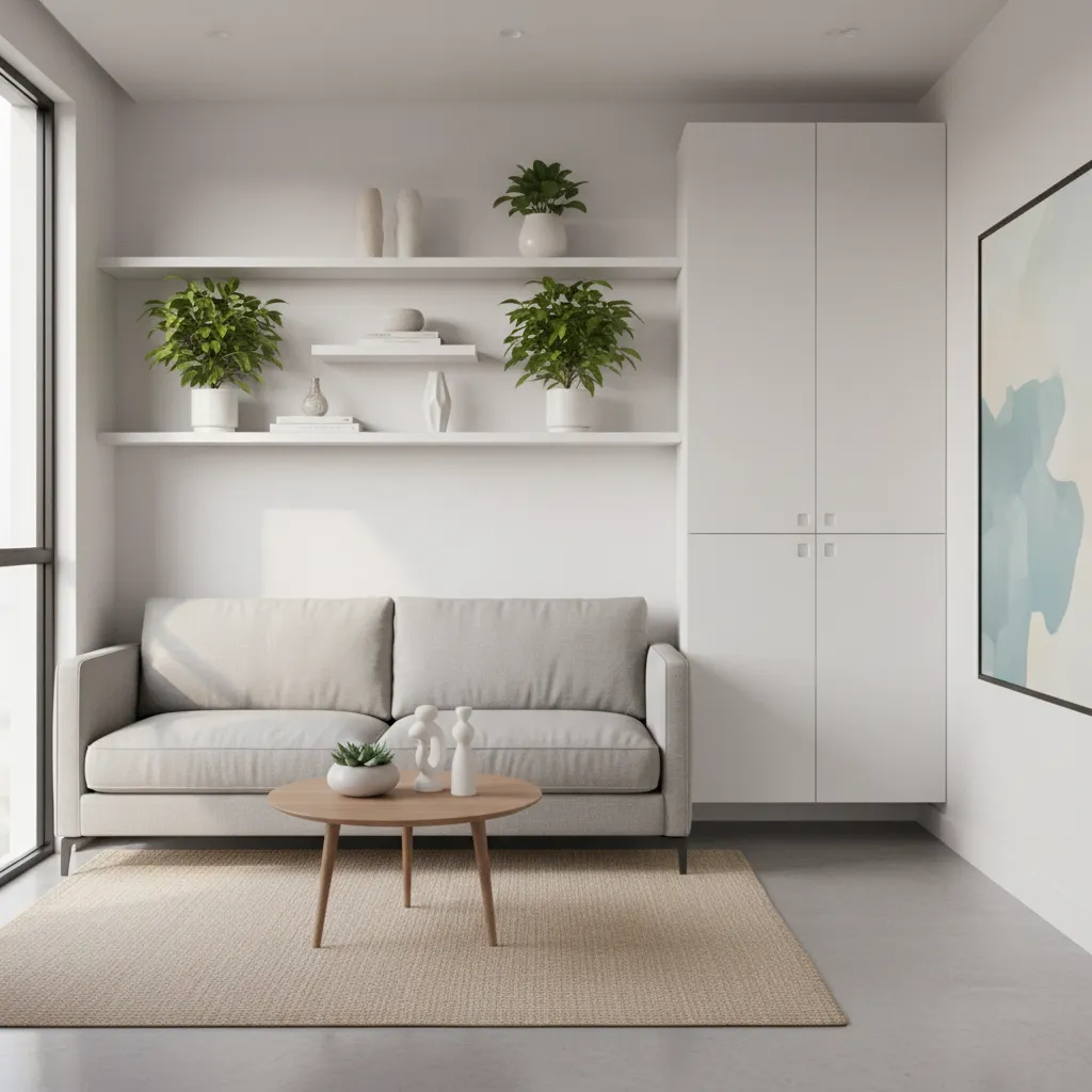 small living room with floating shelves and wall mounted storage