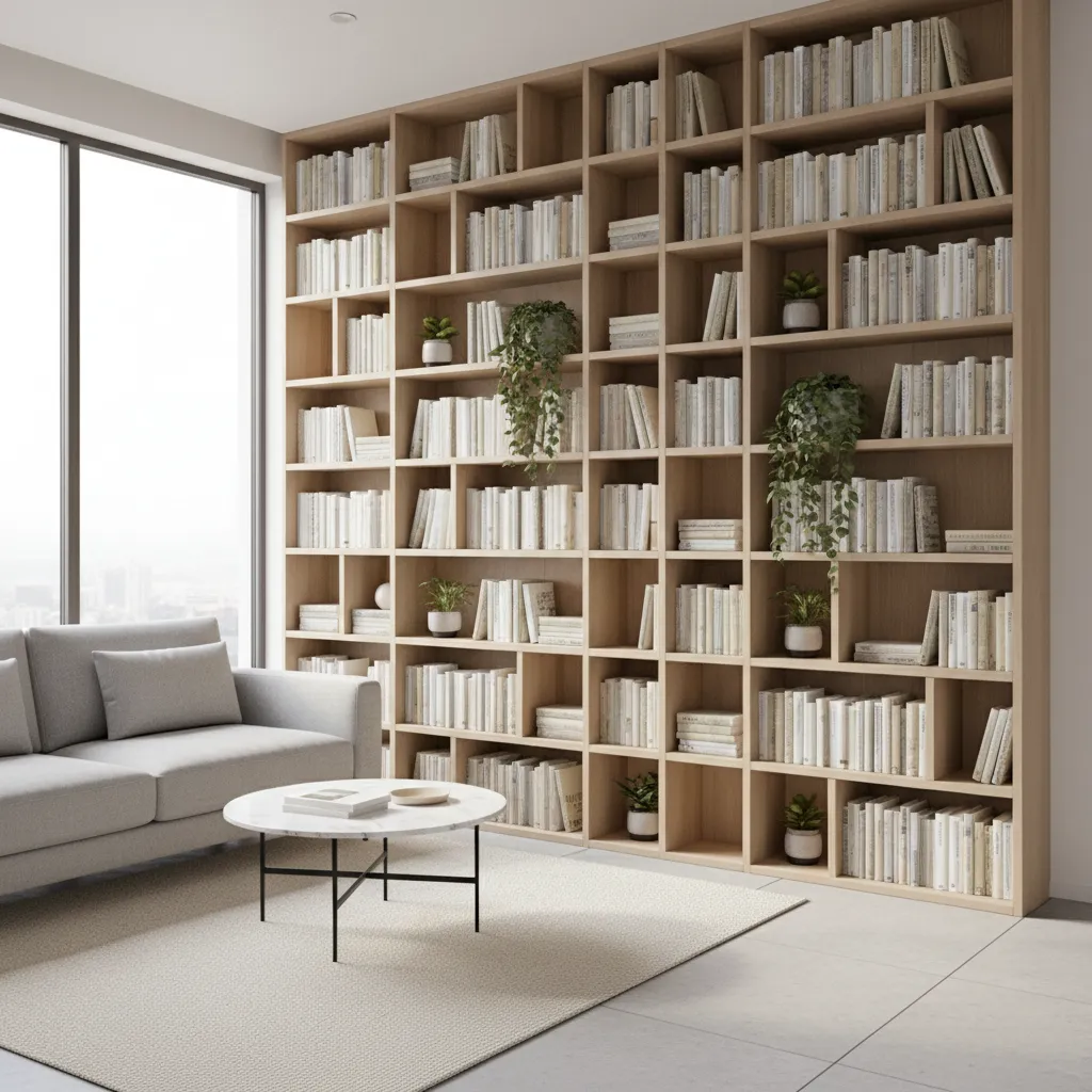 Small living room with tall wall shelving and vertical storage design