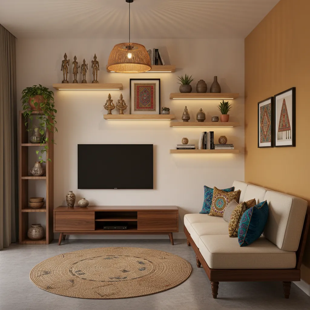Small Indian living room using vertical wall shelves and floating TV unit for storage