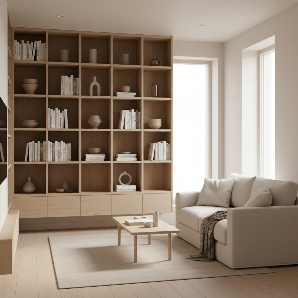 Small living room with vertical shelving and space saving furniture