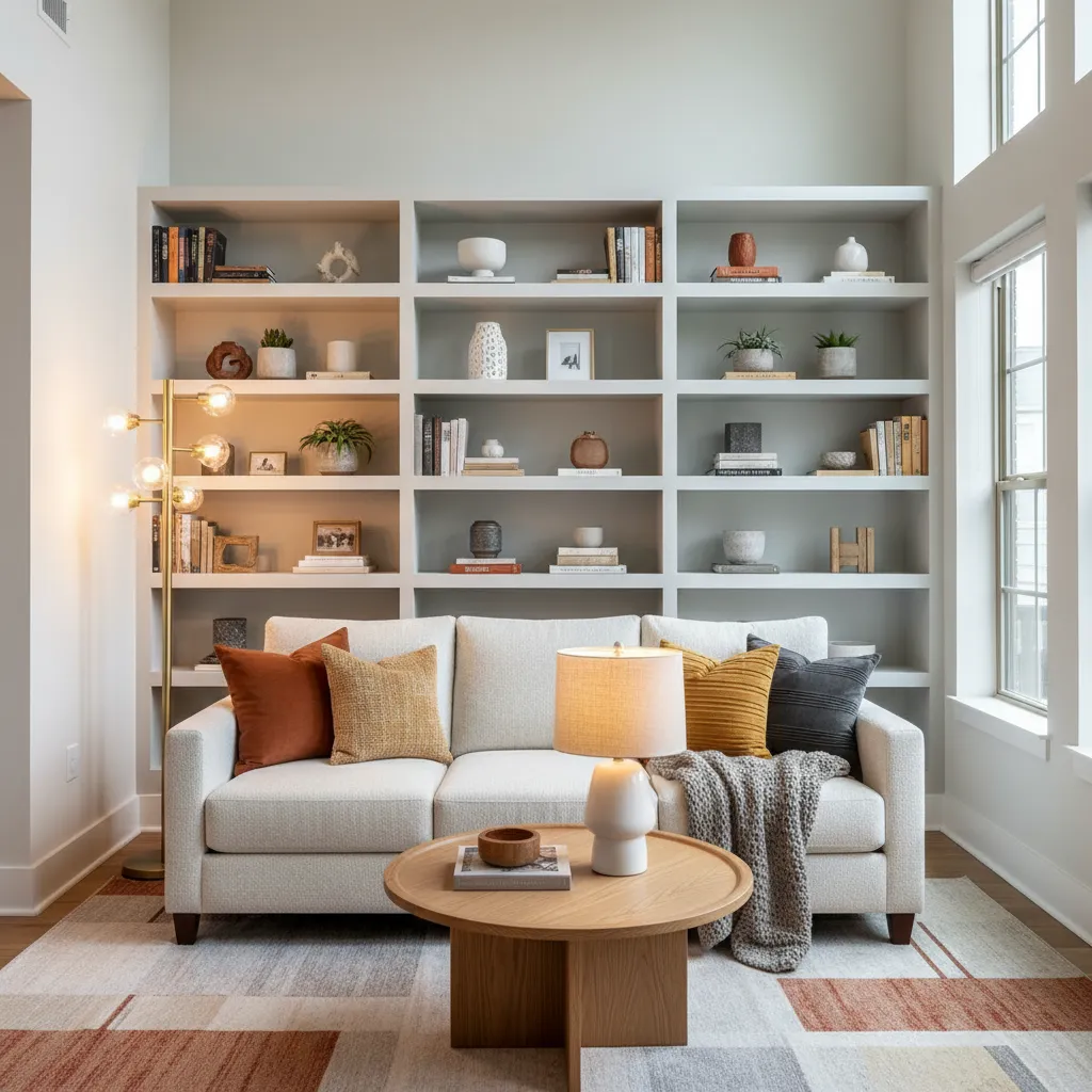 Small living room using vertical shelving and layered lighting