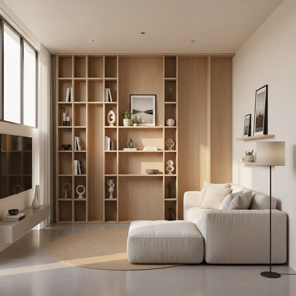 Small living room with vertical shelving and wall storage