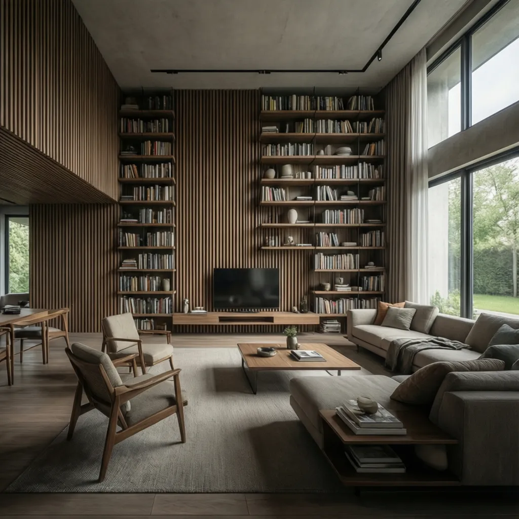 15x15 living room with tall shelving and vertical storage solutions