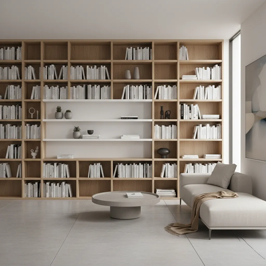 Living room with tall wall shelves and vertical storage design