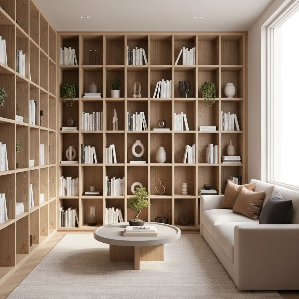 Small living room using vertical wall shelving for storage and decor