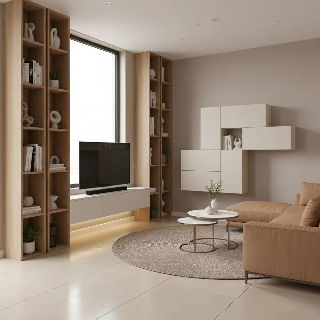 Small living room using vertical shelves and wall storage to save space