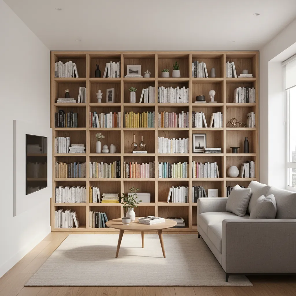 Floor to ceiling shelving in a compact living room