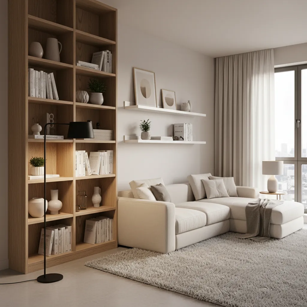 small living room with vertical shelving and layered lighting