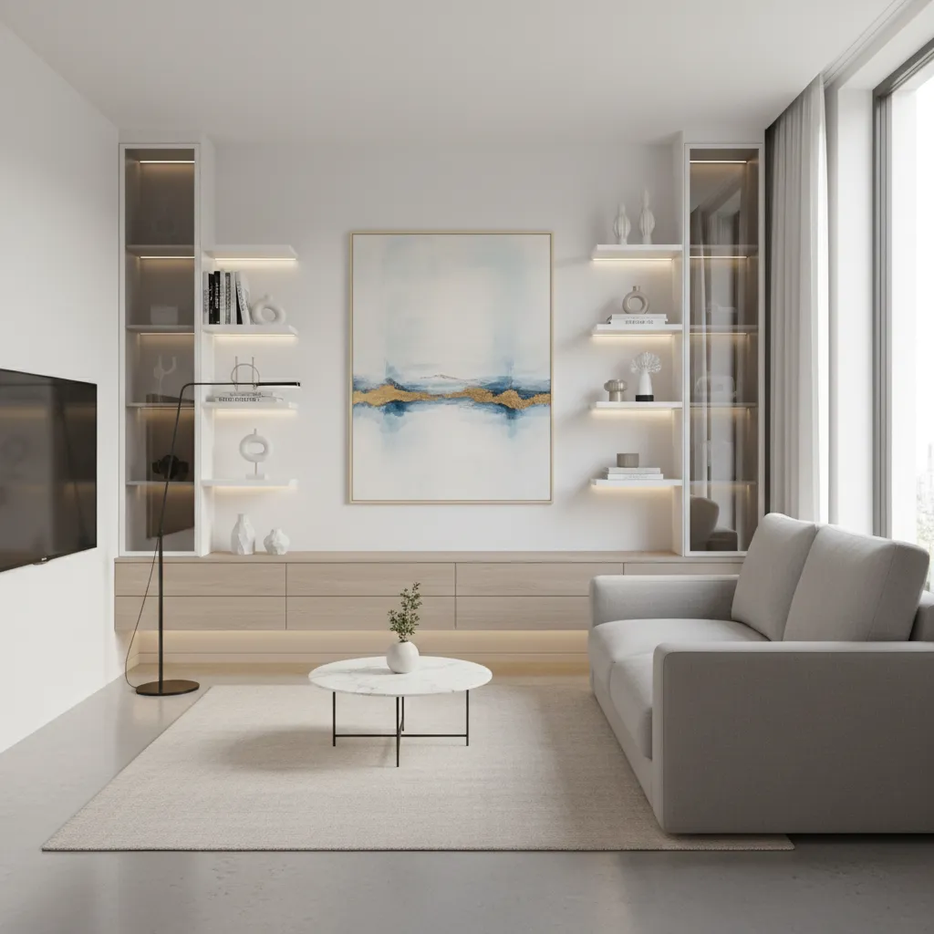 small living room using vertical shelves and wall storage to save space