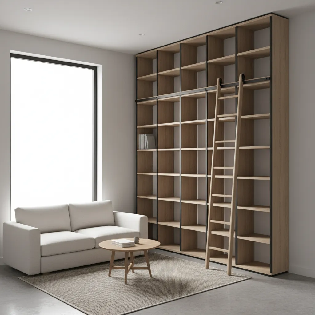 Small loft interior with floor to ceiling shelving maximizing vertical storage