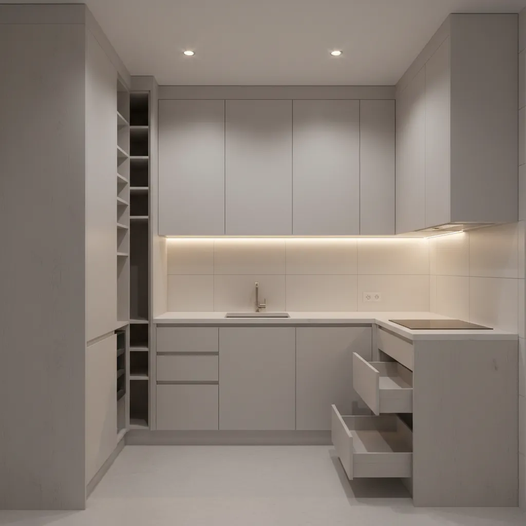 ceiling height cabinets in a very small modular kitchen