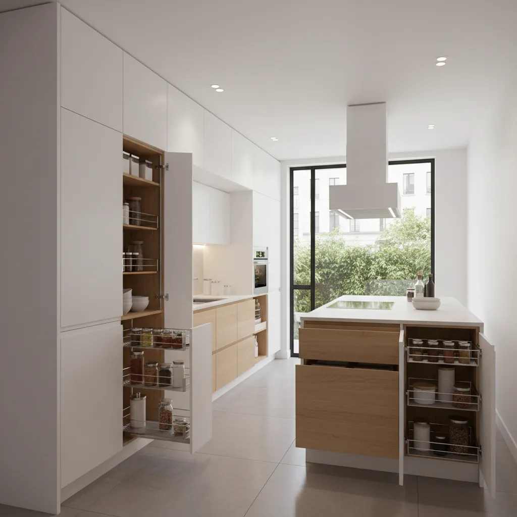 Vertical cabinet storage solutions in a compact modular kitchen