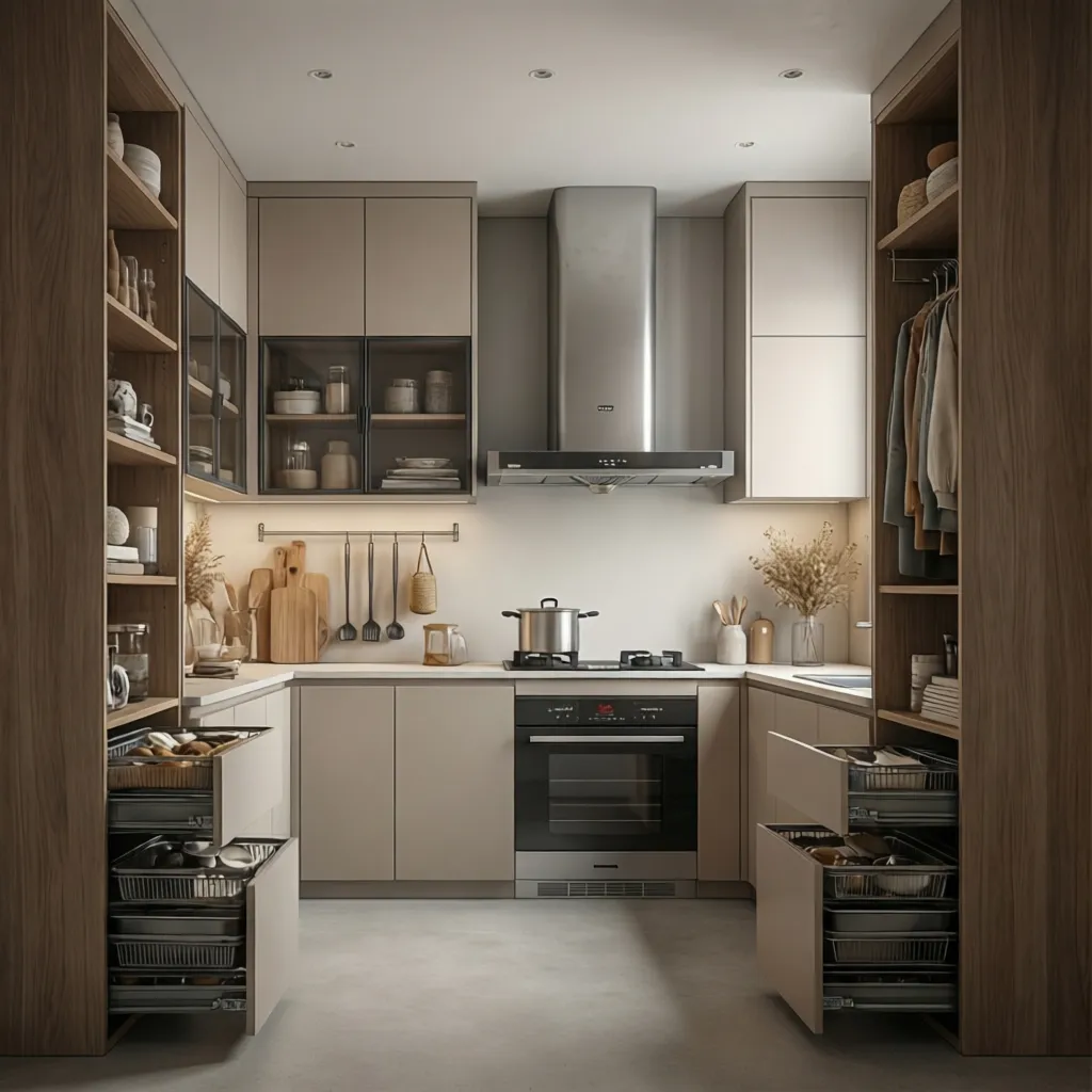 small modular kitchen with full height cabinets and pull out pantry storage