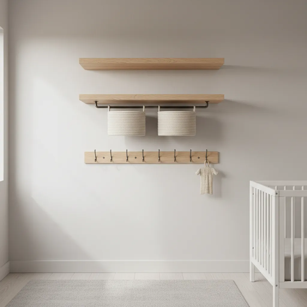 Vertical wall storage shelves in a small nursery