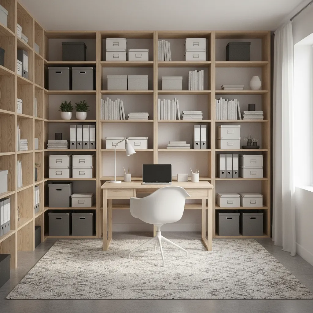 oficina pequeña con almacenamiento vertical en estanterías altas