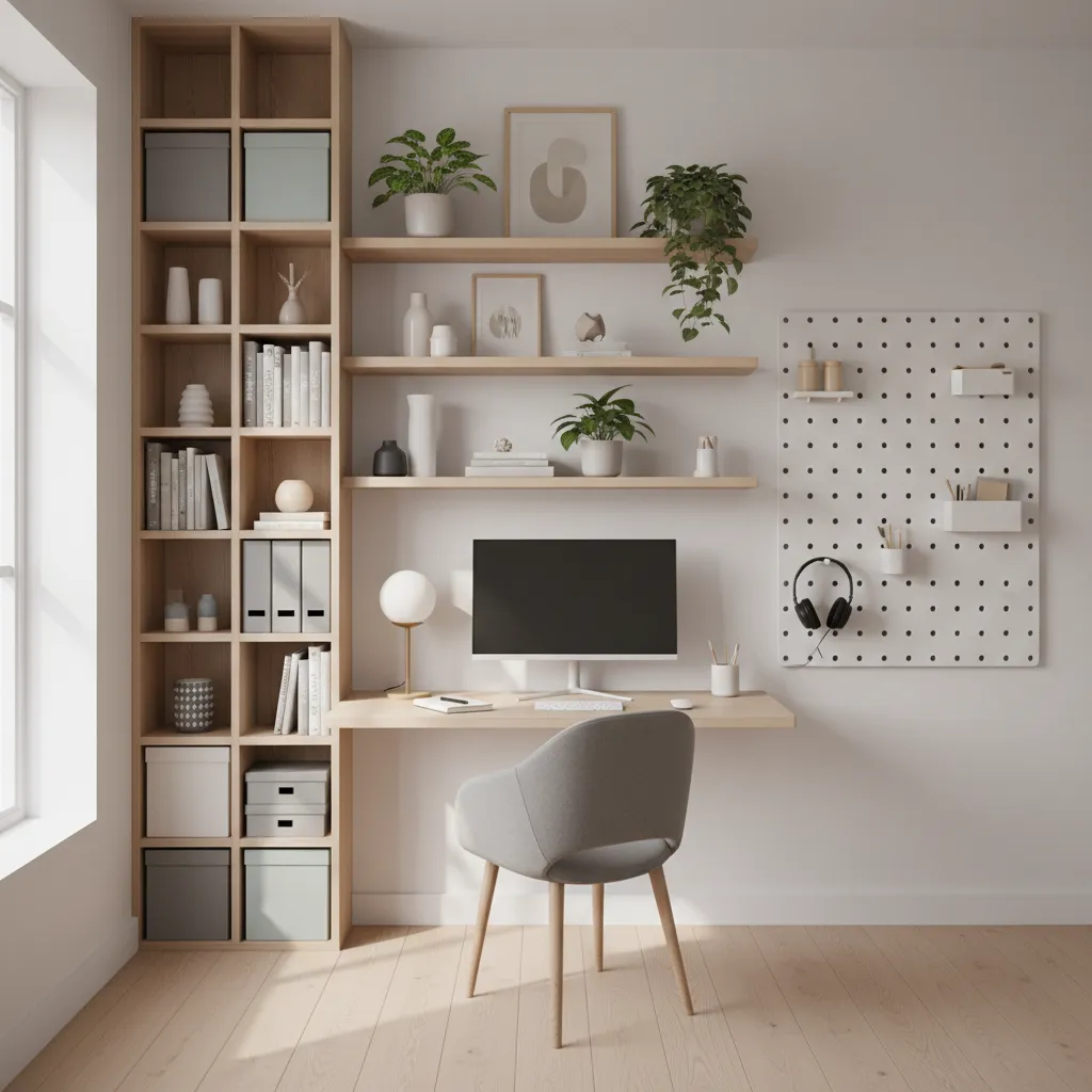 Small home office using vertical wall storage shelves above desk