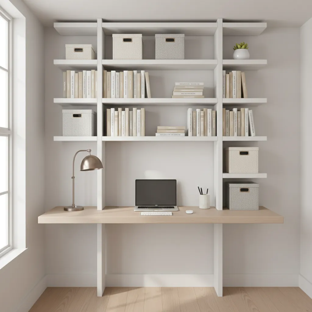 small office using vertical wall shelves above desk for storage