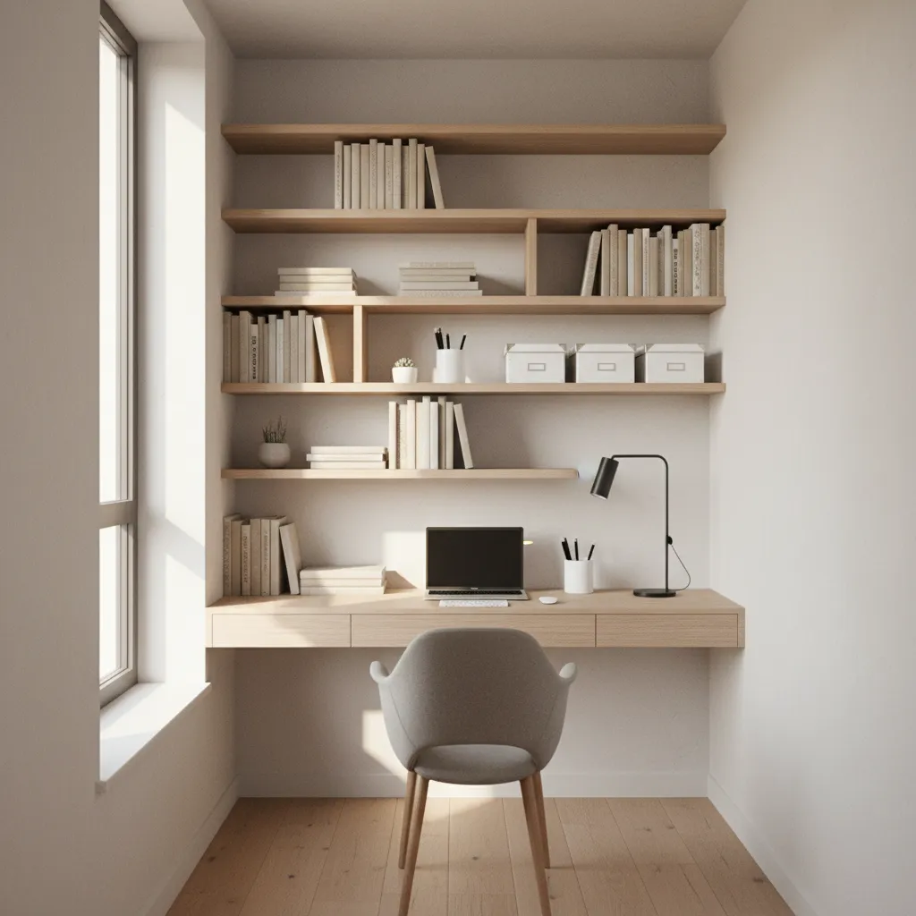 Vertical storage shelves above small office desk