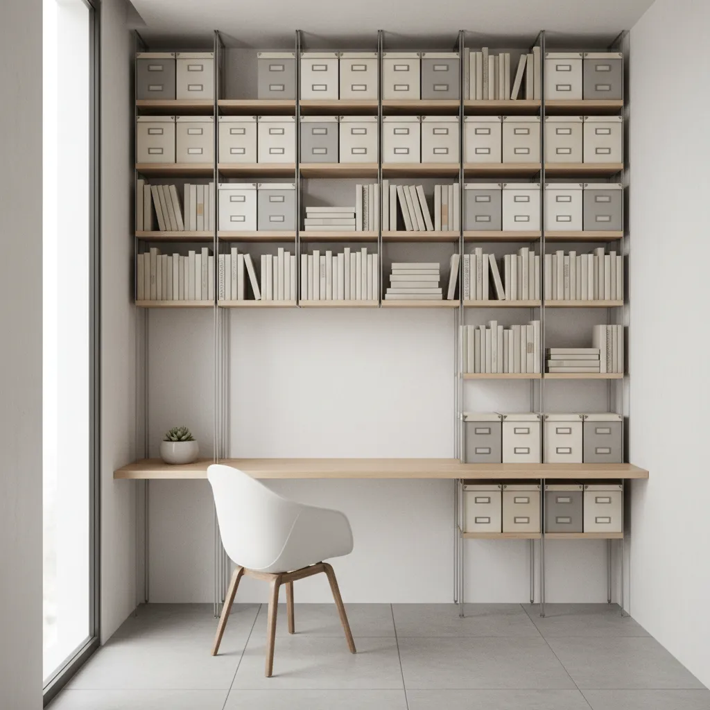 Vertical wall storage shelves above desk in small office