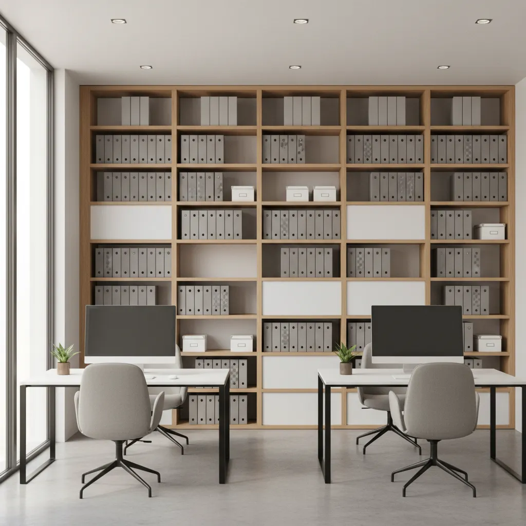 Office using vertical shelving and wall storage to save space