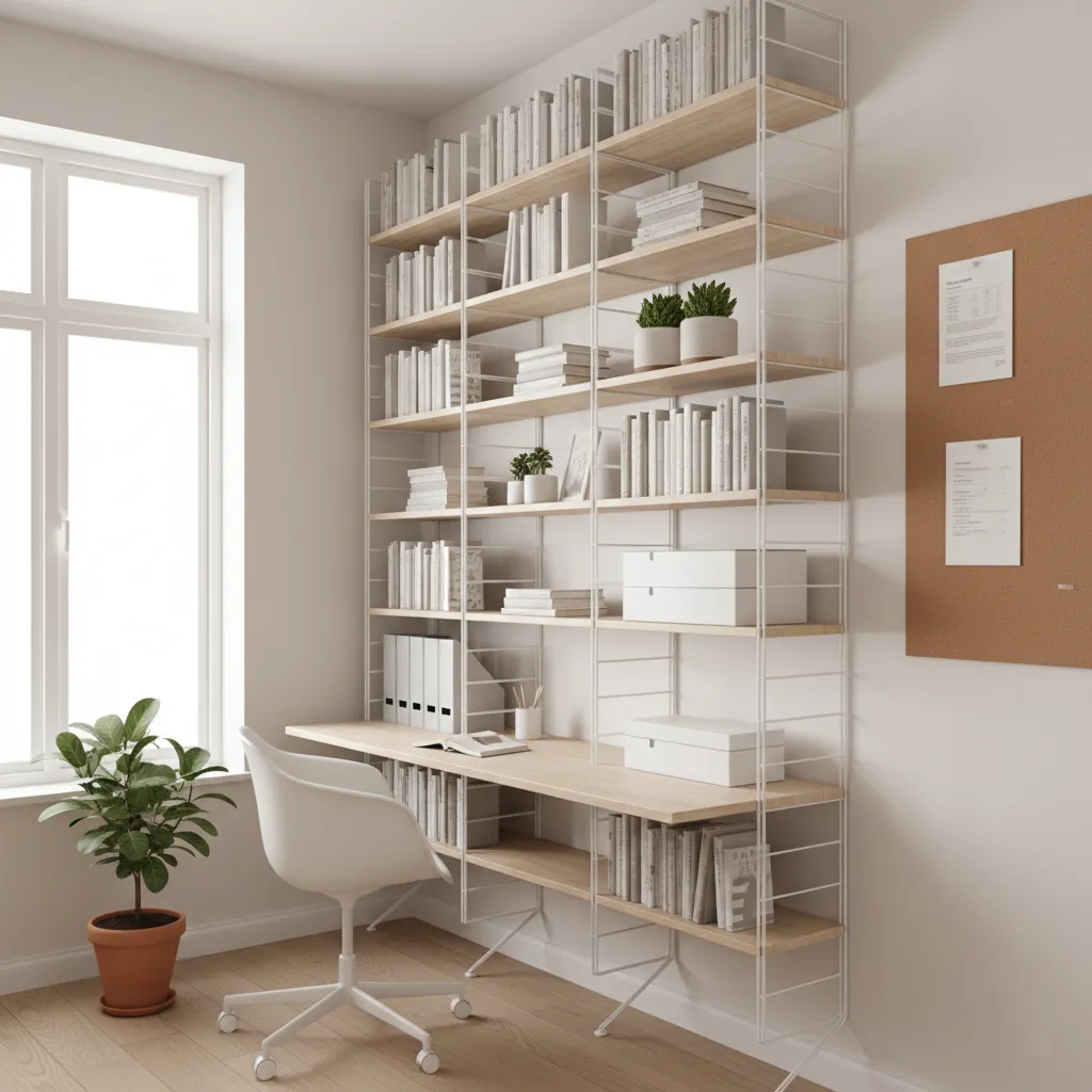small office using vertical wall shelving to maximize floor space