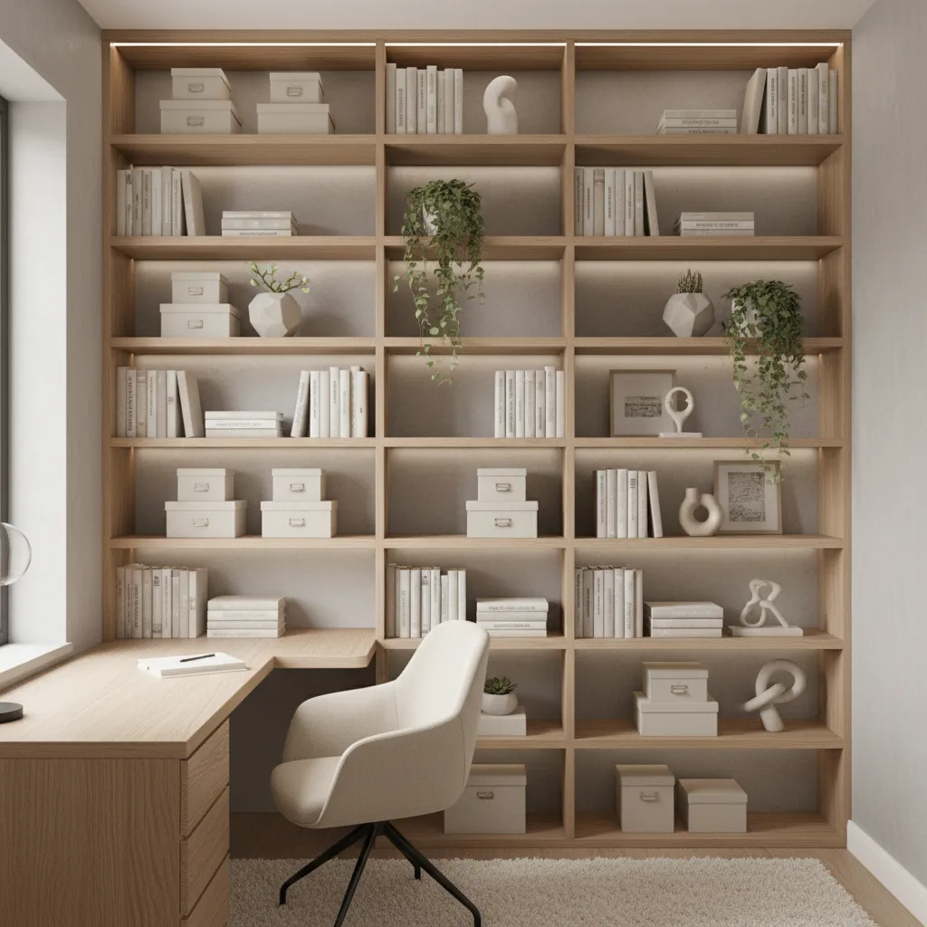 vertical shelving storage wall in compact home office