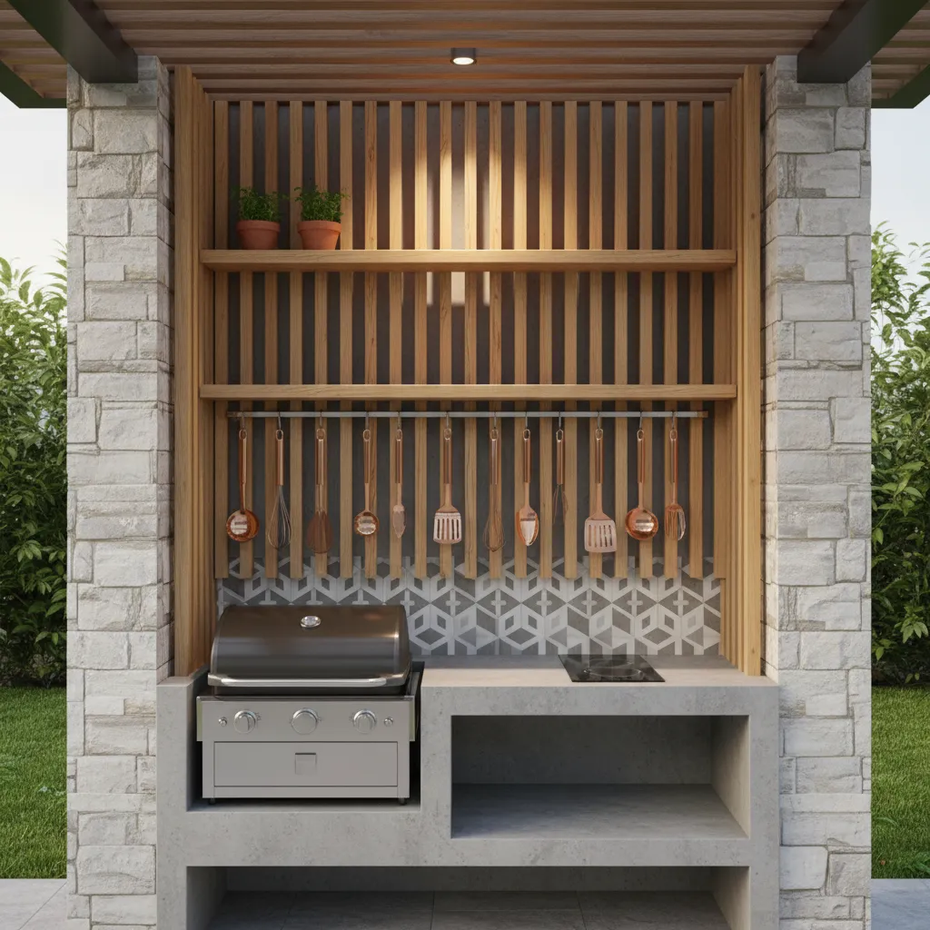 Outdoor kitchen with vertical shelves and hanging utensils for space saving