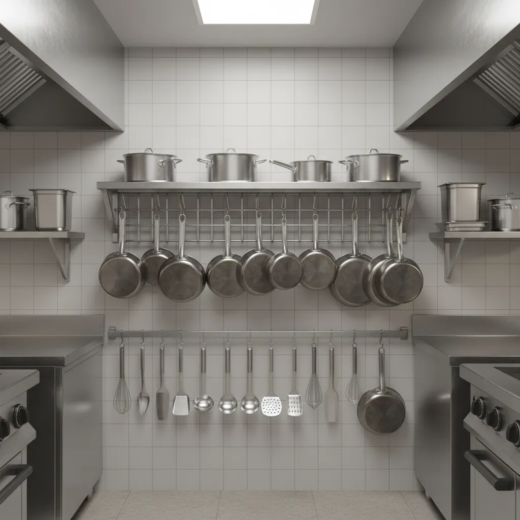 Vertical wall storage racks in a small commercial kitchen with organized cookware