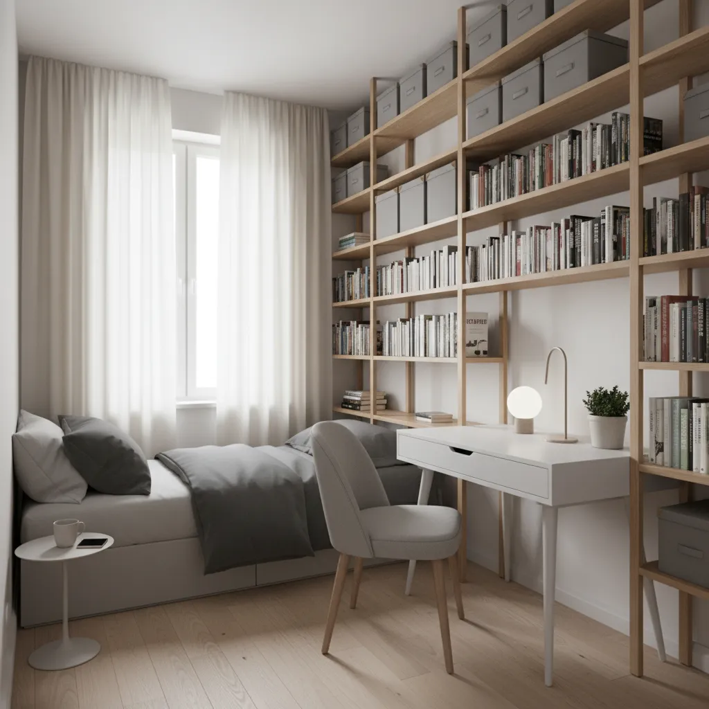 Small room using vertical wall storage shelves above desk and bed