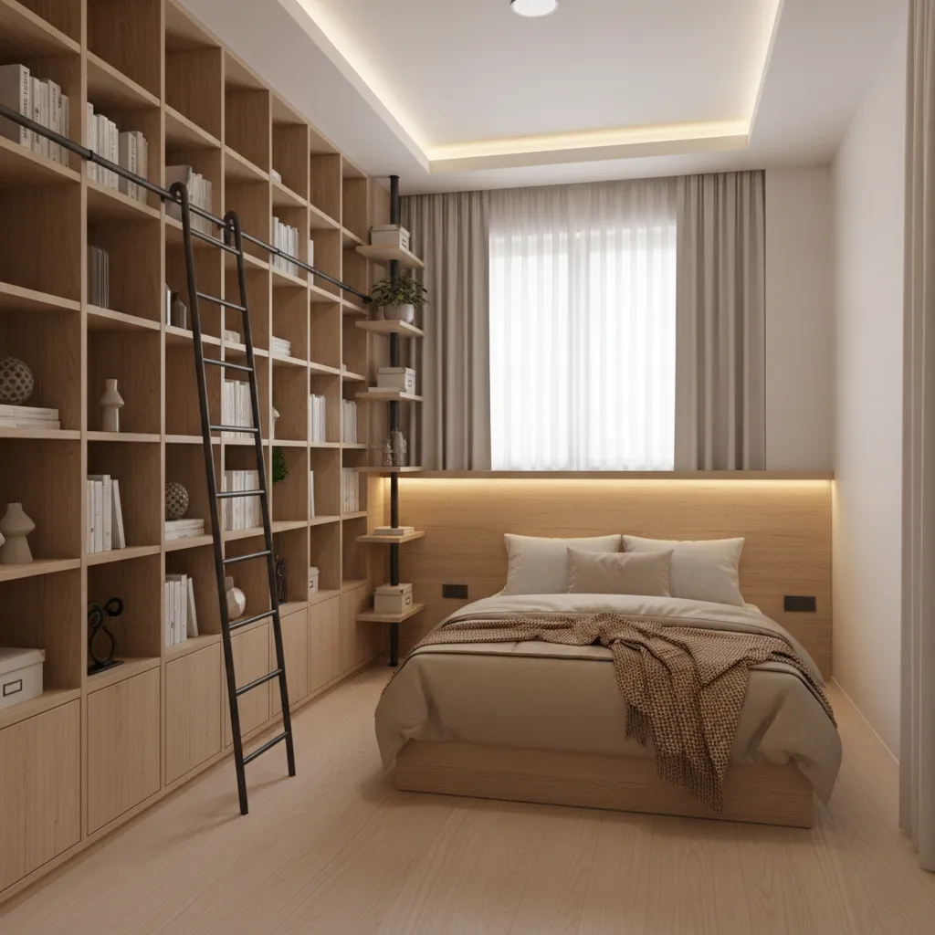Vertical wall storage system in a tiny bedroom maximizing height space