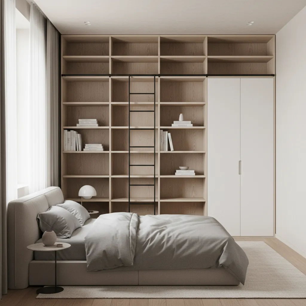 floor to ceiling vertical storage shelves in a small bedroom