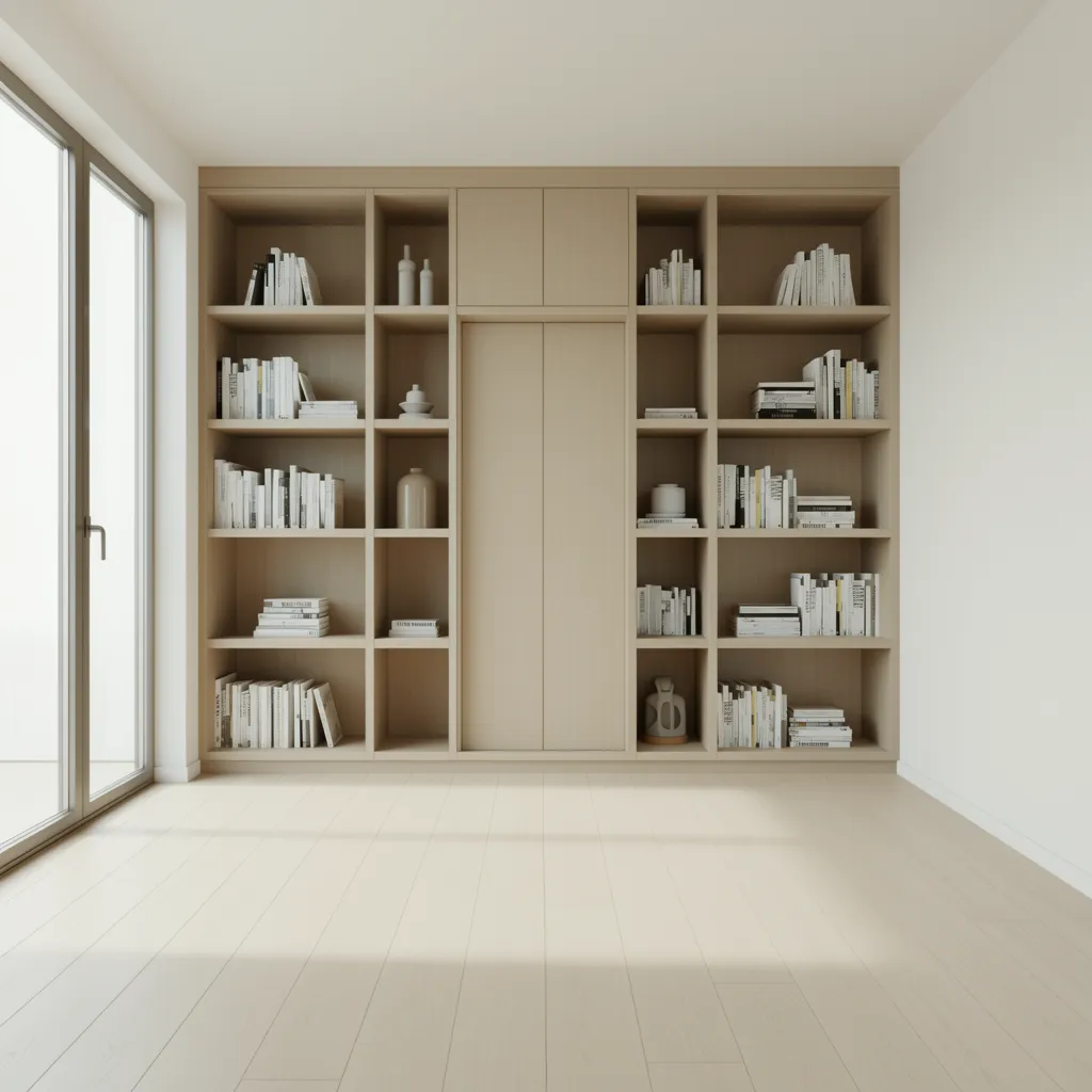 Small room using tall shelves and wall storage to free floor space