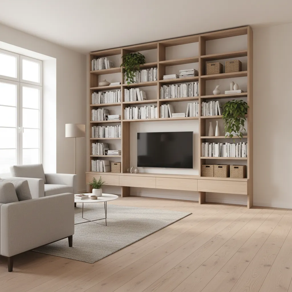 Small room using vertical wall shelving and tall storage units